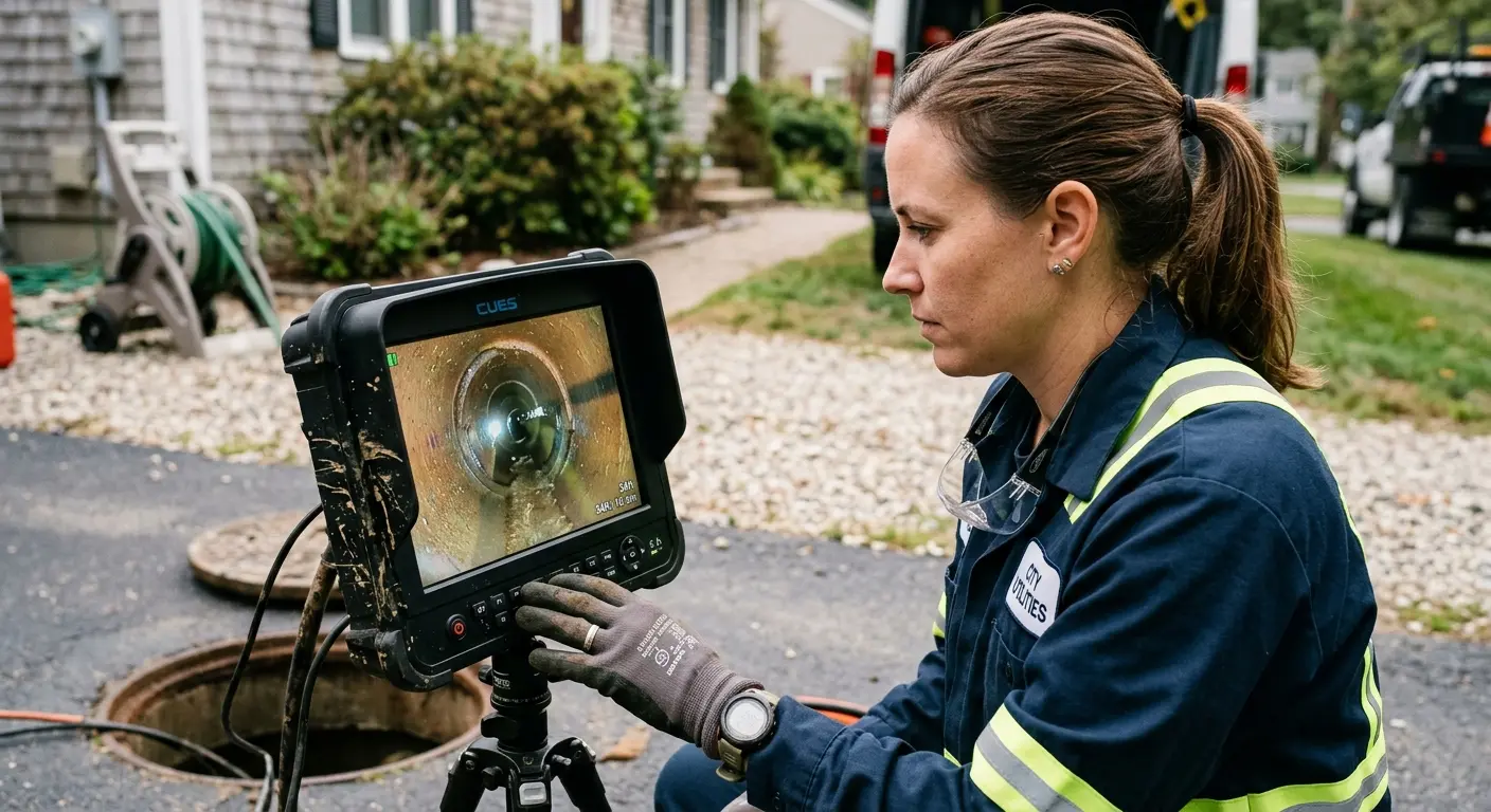 Technician reviewing sewer camera inspection footage in Lowell