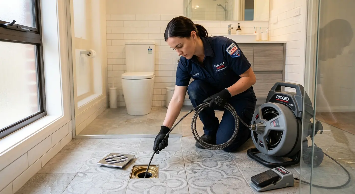 Technician clearing a bathroom floor drain for Sewer Line Replacement in Lowell